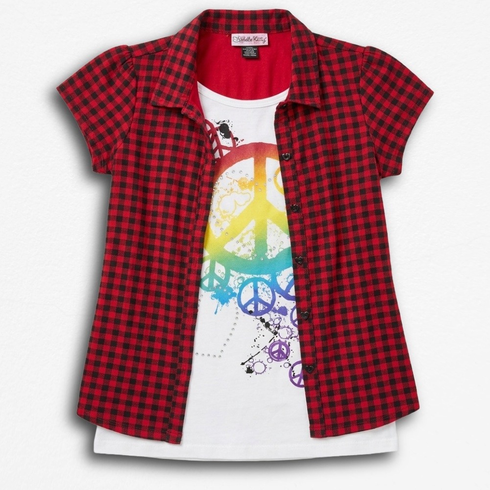 LA Kitty Girls XL Red Plaid Peace‎ Sign Graphic Layered Top Y2K 100% Cotton